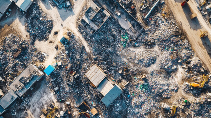 Aerial view of modern waste processing plant with piles of debris