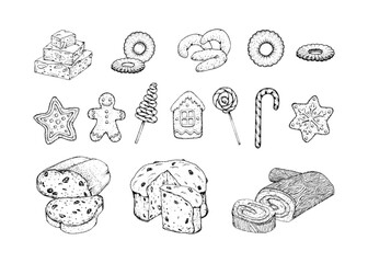 Hand drawn vector illustration of festive Christmas treats and sweets, including gingerbread cookies, candy canes, lollipops, stollen, panettone and other holiday desserts for holiday design projects.