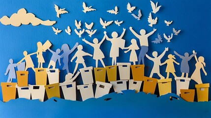 A vibrant paper cut out scene depicting a group of volunteers coming together around stacked donation boxes showcasing a sense of teamwork community and a shared commitment to a charitable cause