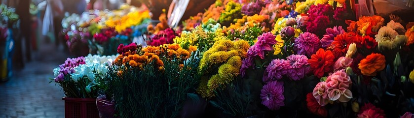 A vibrant display of colorful flowers in a market, showcasing nature's beauty and the diversity of floral arrangements.