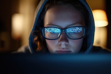 A young individual is deeply engaged in programming late at night, with the glow from the screen reflecting on their glasses, highlighting their concentration and interest in technology