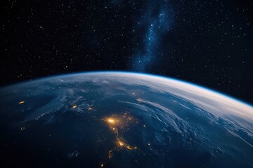 Obraz premium This captivating view reveals Earth from space, highlighting city lights glimmering at night while the vastness of the universe stretches beyond, filled with stars