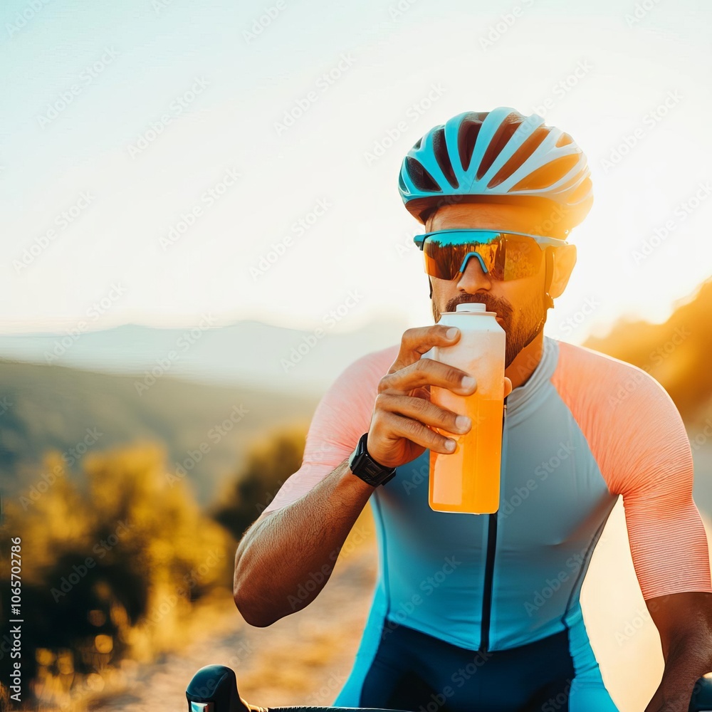 Wall mural cyclist drinking sports drink, endurance concept, scenic outdoor