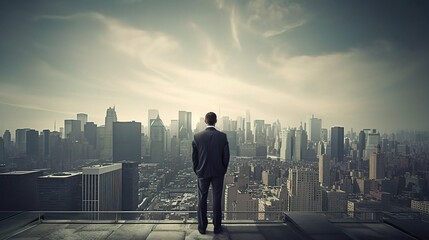 Businessman Overlooking City Skyline at Dusk