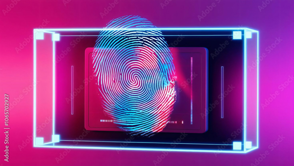 Poster floating digital fingerprint in holographic access point, showcasing secure data environment with vi