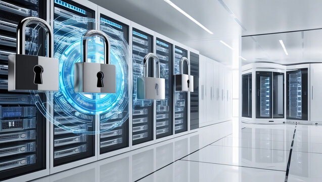 Secure server room with floating padlocks and holographic data vaults, representing advanced data protection and futuristic technology