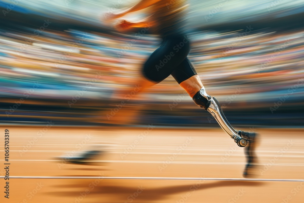 Poster an athlete with a prosthetic leg races swiftly along the track, showcasing determination and skill d