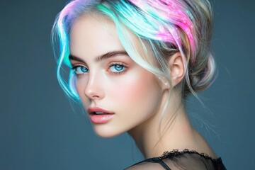 Fototapeta premium A young model poses in a studio, featuring strikingly colorful hair with hints of pink and blue. Her luminous blue eyes draw attention as she wears a stylish outfit