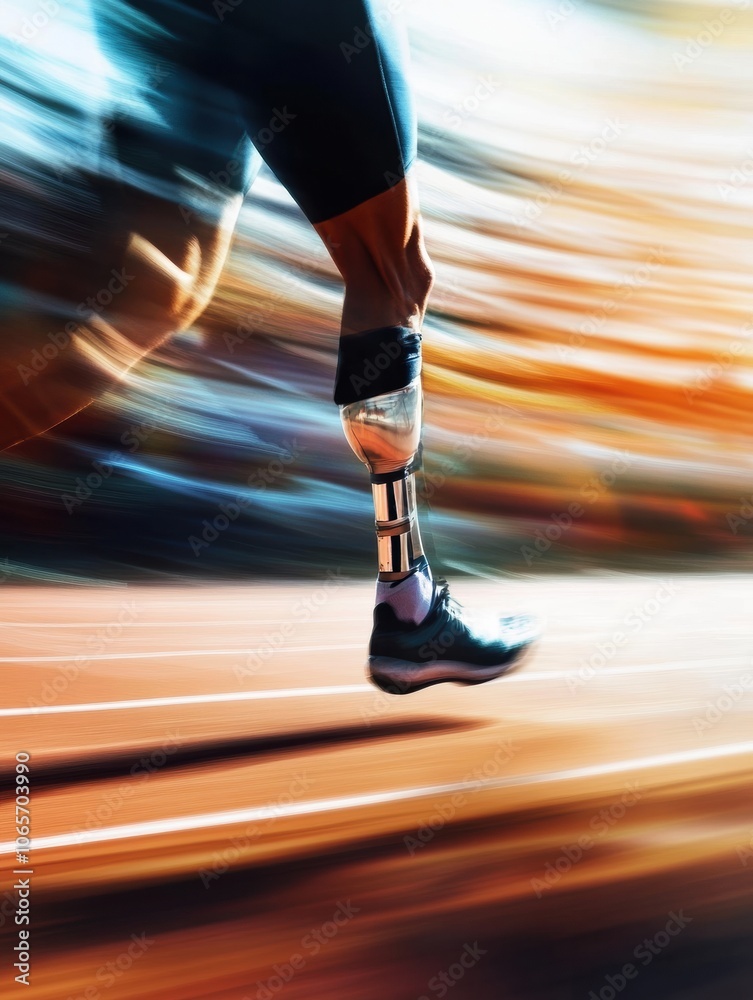 Poster An athlete is running swiftly on a track, showcasing determination and skill while using a prosthetic leg in a race setting. Generative AI