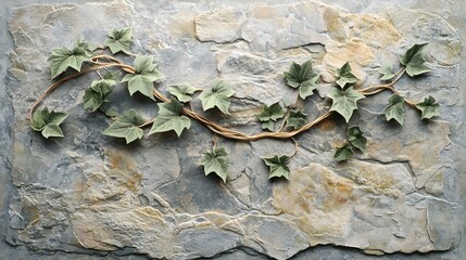 Decorative layered ivy plant climbing a textured stone wall with paper cut style leaves in a nature inspired botanical graphic design