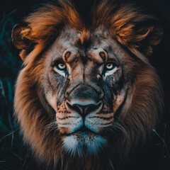 Close-up of a Majestic Lion's Face with Glowing Eyes