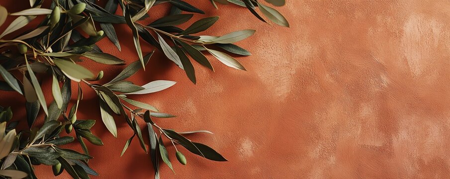 Fond textur&eacute; terracotta avec feuillage d&rsquo;olivier en contraste.