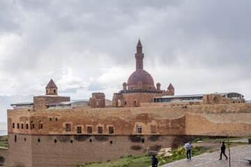 Ishakpasa palace with arched windows and pillars. Ishakpasa palace in Agri Dogubeyazit city, Turkey