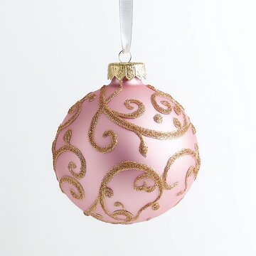 Boule de No&euml;l rose avec motifs dor&eacute;s scintillants.