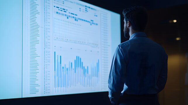 Professional analyzing data trends on a large screen for effective decision-making in a modern office environment.