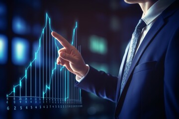 A business professional in a suit gestures towards a glowing line graph displaying stock market trends, emphasizing key data points in a dimly lit office