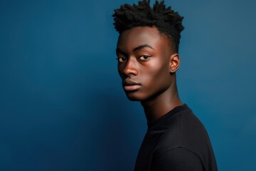 Obraz premium Focused Young Man Against Deep Blue Background Conveying Intensity and Ambition