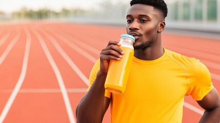 Runner taking a sip of sports drink, outdoor track, fresh energy