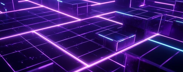 Fototapeta premium Structure de grille néon avec effets de lumière violet et cyan.