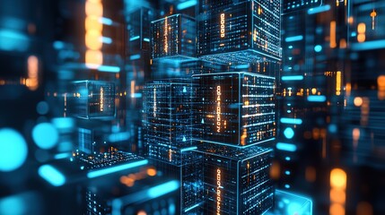 Rising momentum of data intelligence. Big data and Ai core data concept image. Dark and light metallic blue block stacked and rising. Shallow depth of field. 3D illustration, 3D rendering 