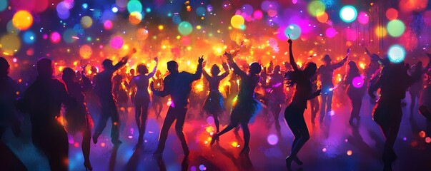 Vibrant dance floor scene filled with colorful lights, energetic movement, and joyful expression, perfect for nightlife ads.