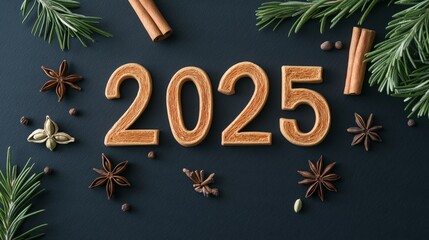 Festive 2025 new year frame with aromatic spices and greenery