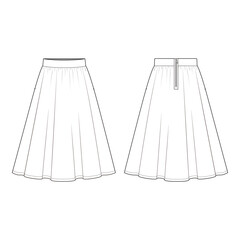 Flared Midi Skirt with Elastic Waistband and Zipper Closure - Technical Drawing

