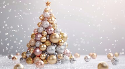 Christmas tree made of gold and silver ball, light background. The symbol of the new year 2025.
