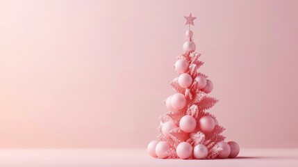A Christmas tree made of light blue balls, decorated with stars on top, on a background of light pastel tones. The symbol of the new year 2025.