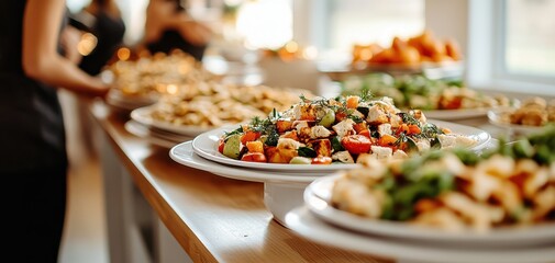 Obraz premium Holiday feast buffet with family concept. A family member serving a colorful plate of fresh food in a bright and inviting dining environment.