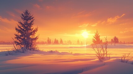 A serene winter sunset over a snowy landscape, with evergreen trees silhouetted against vibrant orange and purple hues.