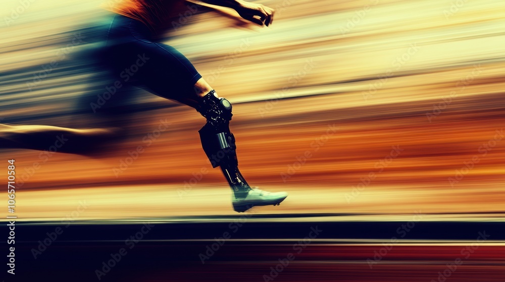 Aufkleber an athlete runs swiftly on a track with a prosthetic leg, demonstrating determination during a compe