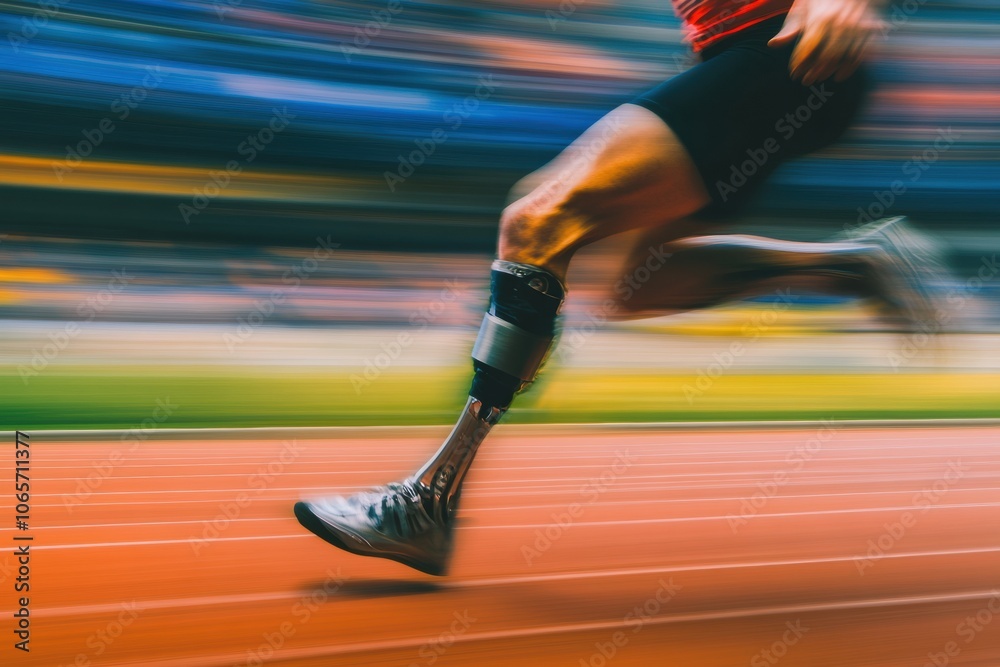 Poster An athlete races down a track, showcasing remarkable speed and determination while using a prosthetic leg. Generative AI