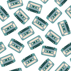 Fototapeta premium Seamless pattern with blue retro cassettes isolated on white background