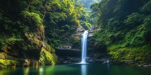 Misty Cascade: Exploring Jungle Mountains with Majestic Waterfall
