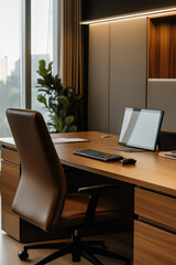 Fototapeta premium Modern office workspace with a wooden desk, computer, and plant under natural light