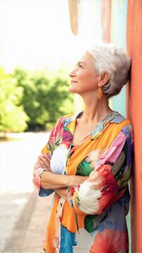 Elegant mature woman with crossed arm, enjoying the breeze and smiling.