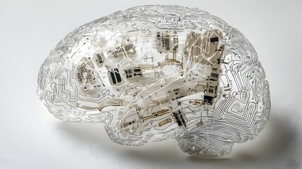 Transparent paper cut style of an intelligence brain with layered neural networks intricate circuits and abstract technological elements in a modern futuristic design