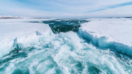 Obraz premium Water Breaking Free from Ice Dam in Landscape