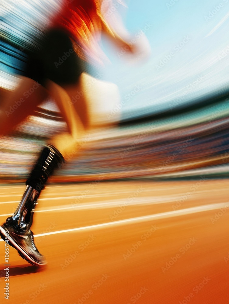 Aufkleber An athlete runs on a track, demonstrating speed and agility while utilizing a prosthetic leg under clear skies and bright conditions. Generative AI