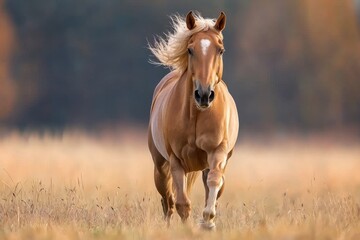 Obraz premium A stunning golden horse runs gracefully across expansive grass fields during autumn, with tall grasses softly swaying in the breeze as the sun sets