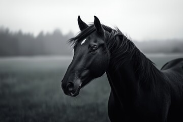 Fototapeta premium A black horse looks steadily into the distance, its mane flowing gently in a soft breeze, as fog envelops the lush pasture and greenery around it