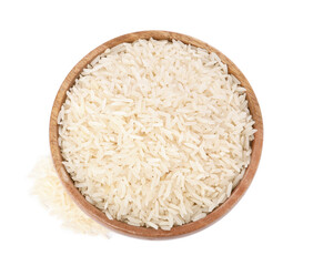 Raw rice in bowl isolated on white, top view