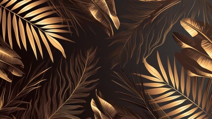 Elegant golden palm leaves pattern on a dark background, perfect for luxurious design aesthetics.