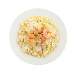 Delicious risotto with shrimps and cheese isolated on white, top view