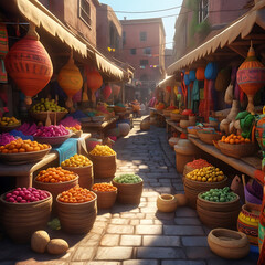 A colorful street market display with cultural artifacts like woven baskets