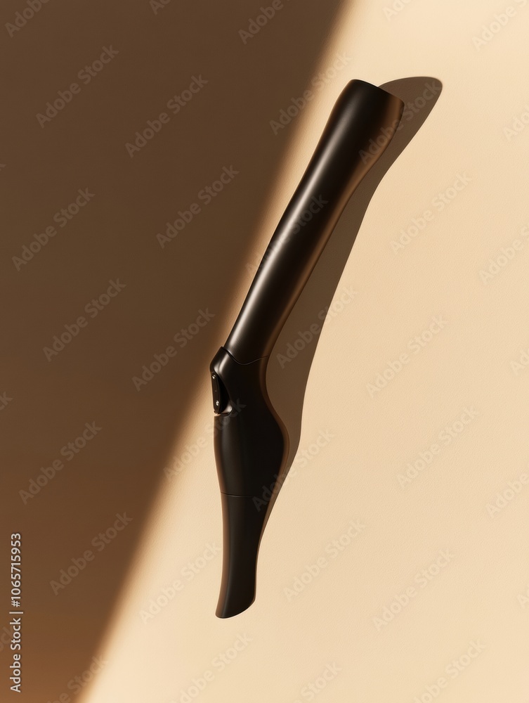 Fototapete a black prosthetic leg rests elegantly against a beige surface, emphasizing its innovative design an