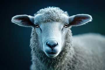 Fototapeta premium This curious sheep gazes into the camera with soft wool and expressive eyes, embodying the calmness of a rural landscape in the evening light