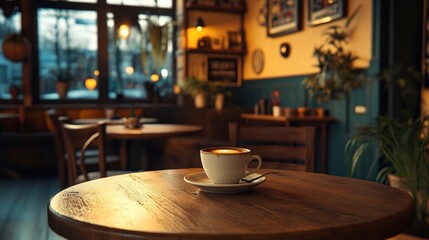 Fototapeta premium A cozy caf? scene featuring a cup of coffee on a wooden table in a warm, inviting atmosphere.