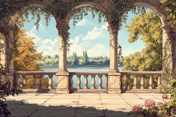Obraz premium Vintage Stone Archway Overlooking Picturesque River in Architectural Painting